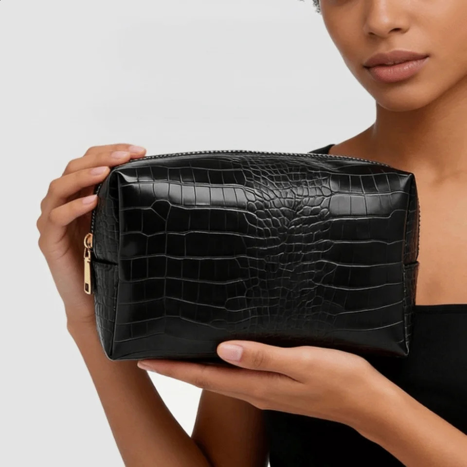 PU Leather Makeup Bag Crocodile Embossed Pattern Large Capacity Cosmetic Bag Zipper Closure Waterproof Cosmetic Pouch Travel Use 260807