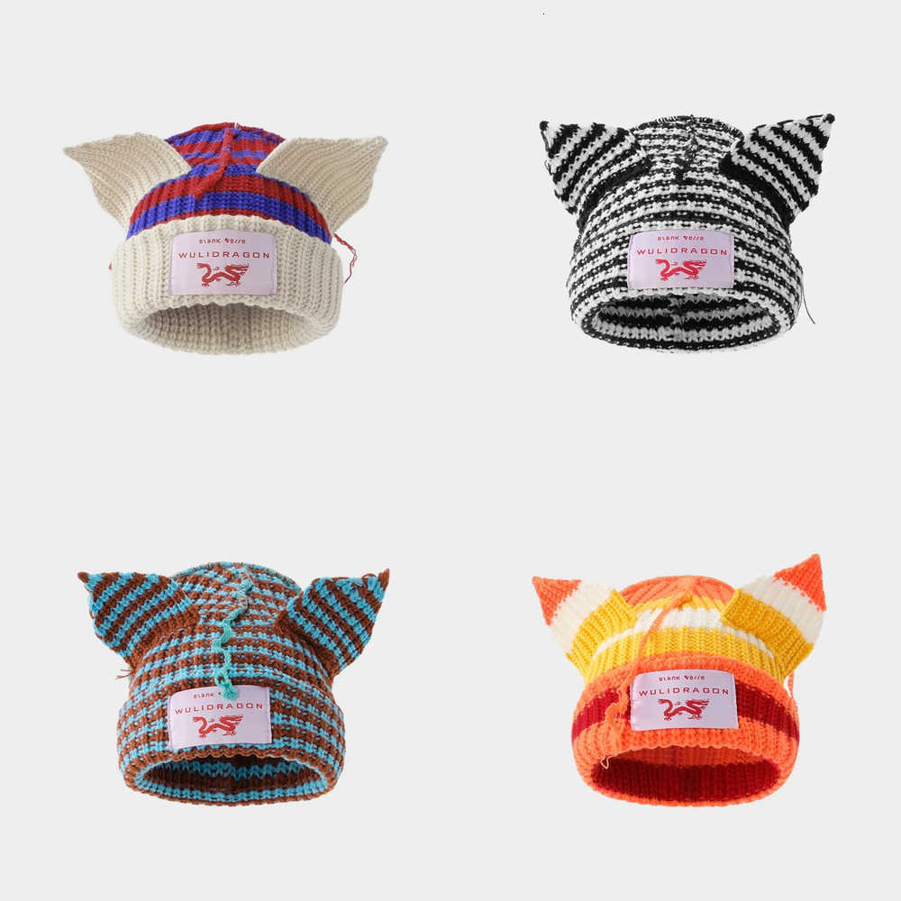 Korean Version Niche Design Berets Color-Block Cute Cat Ear Autumn Winter Thickened Warm Knitted Hat Women's Cold Hat J260919