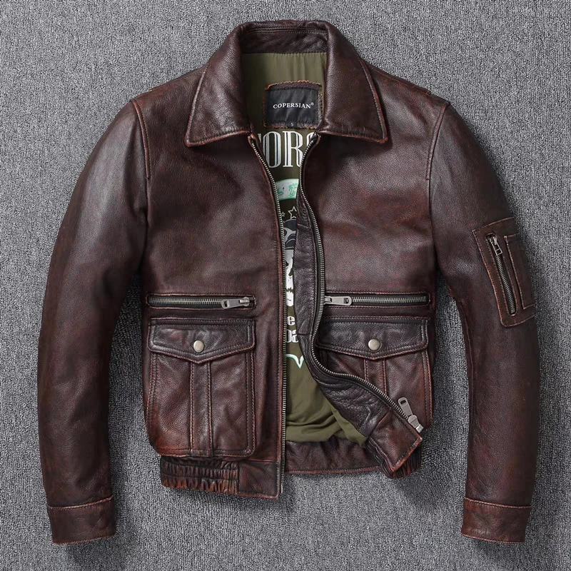 Men's Genuine Leather Jacket Vintage Stone Milled Top Layer Cowhide Bomber Jacket A2 Brown Men's Calfskin Motorcycle Jacket 260920