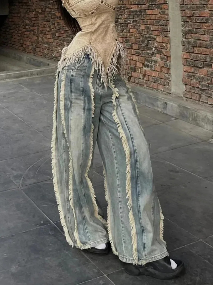 Vintage Women Washed Y2K Baggy Japanese 2000s Denim Trouser Casual Tassels Pants Female Street Trashy Retro High Waist Jeans 260920