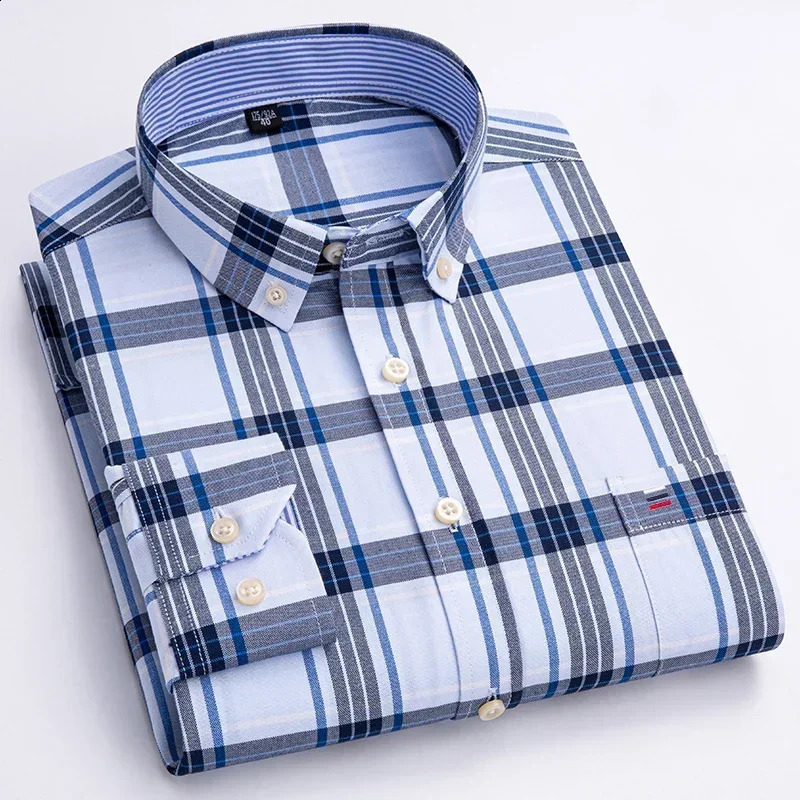 In Shirt Plus Size 7XL 100% Cotton Oxford Long-Sleeve Shirts for Man Slim Fit Formal Plain Shirt Plaid Office Elegant Clothe 260920
