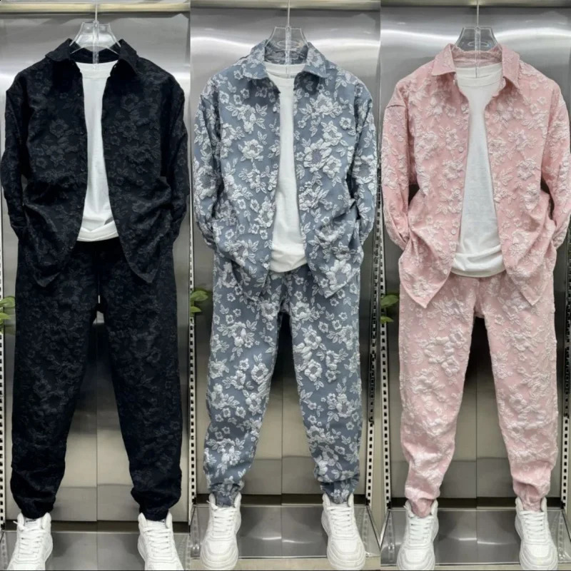 Spring and Autumn 3D Relief Jacquard Shirt Coat Pants Two Piece Set Men's Trendy Leisure Sports Set Selling 260920