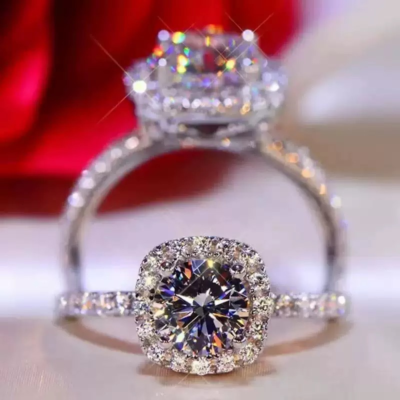 Fat Dong Lai Same Style Sparkling Moissanite Small Sugar Cube Princess Cut Full Diamond 1 Wedding Ring Light Luxury Elegant High-End