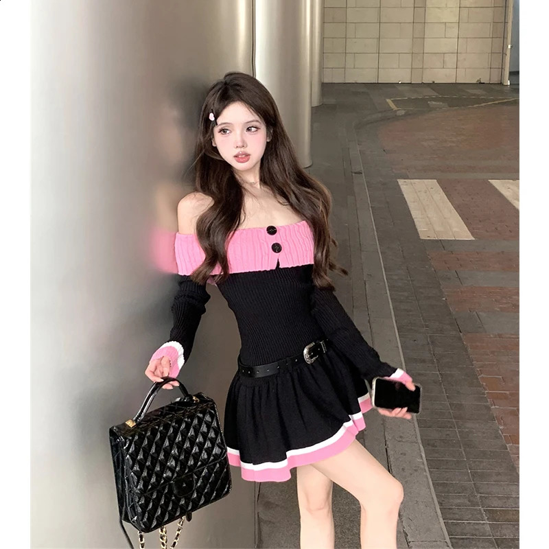 MEXZT Y2K Knitted Mini Dress Women Sexy Slash Neck Patchwork Dresses Winter Gyaru Fashion Korean Long Sleeve Bodycon Vestidos 260920