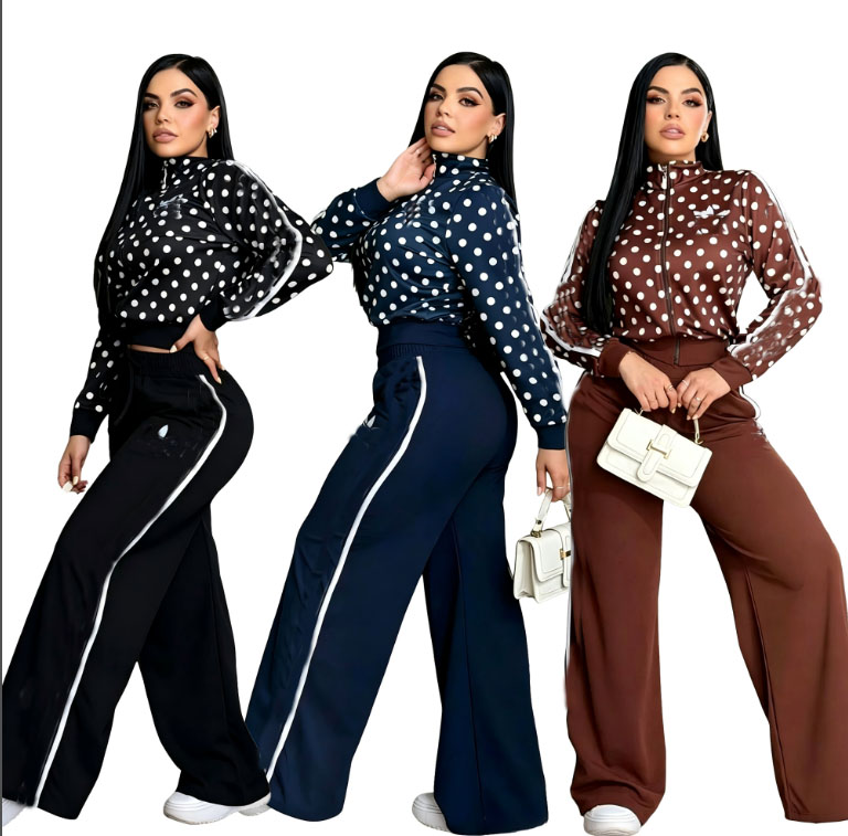 New Women's polka dot Tracksuit fashion embroidered zipper jacket +high waist wide leg pants sports leisure two-piece sets