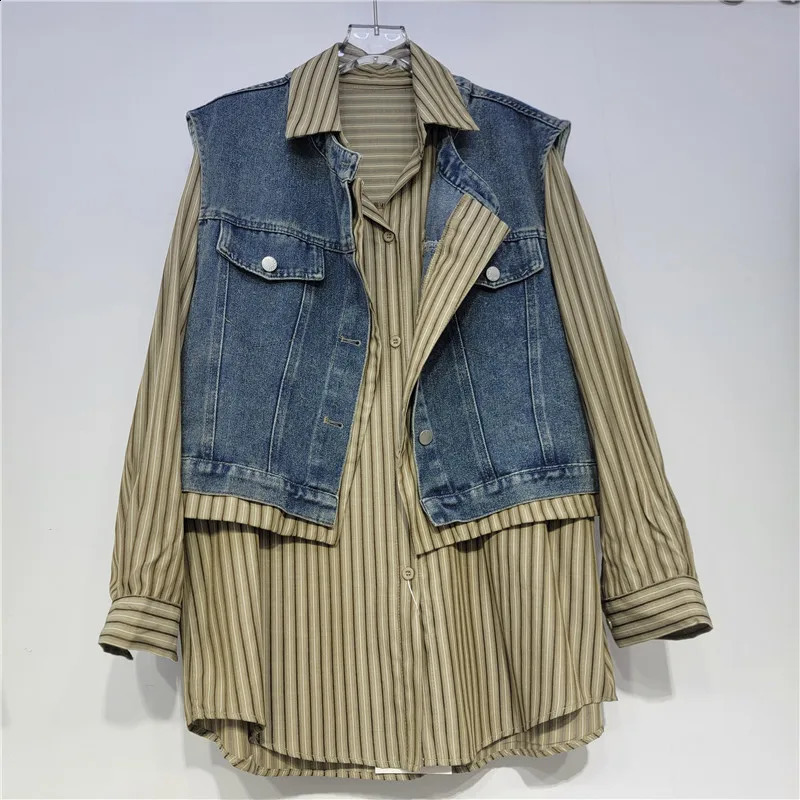 SuperAen Korean Style Fashion Short Denim Vest Women Autumn lapel Collar Simple Vintage Striped Loose Shirts 260920
