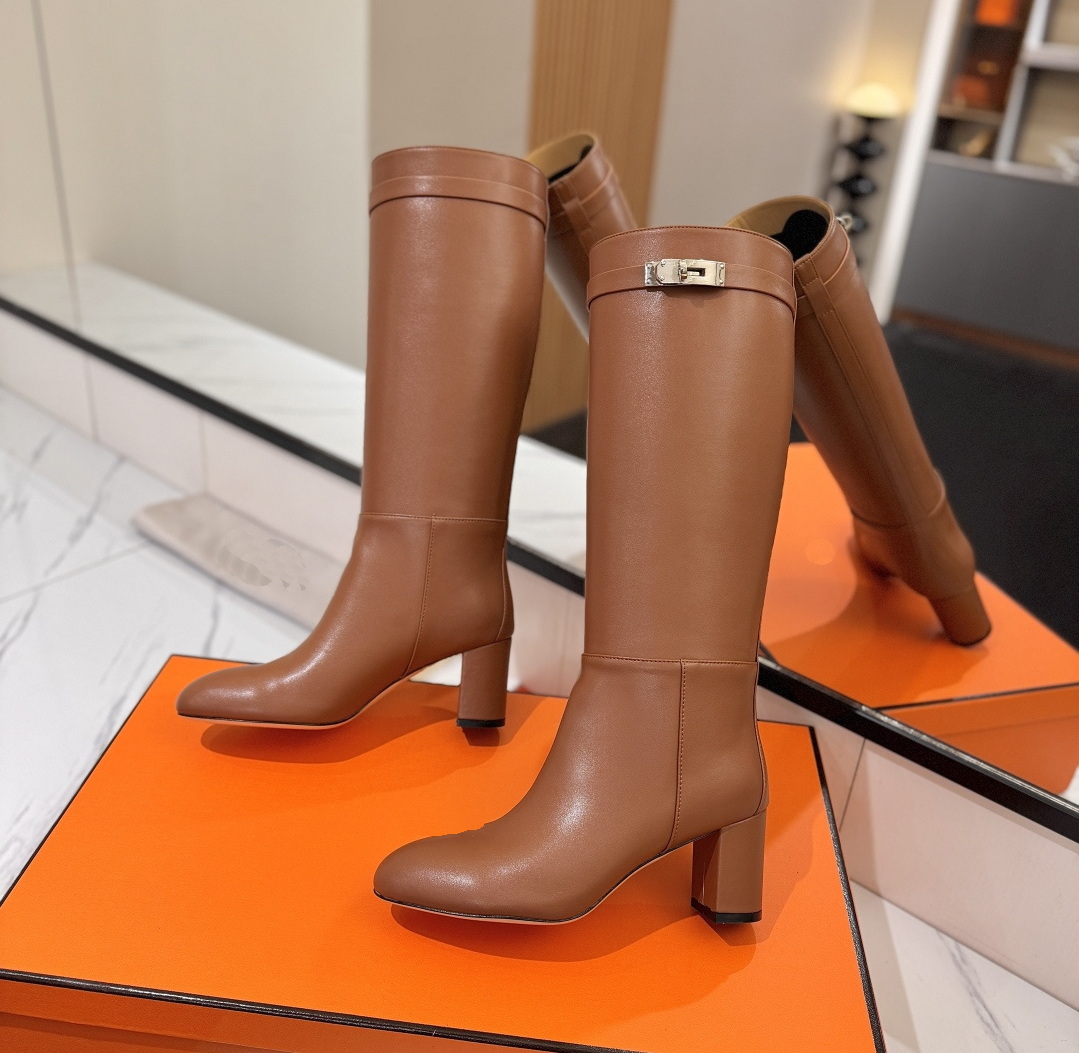 Designer Womens Dress Shoes Luxury Suede Leather High Heels Knee High Boots Woman String Bead Round Toe Slip-On Modern Boots Square Heel Long Boots