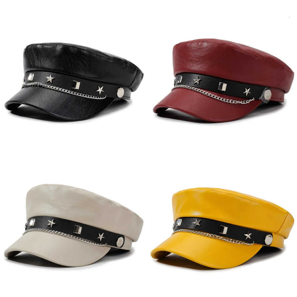 Leather PU Berets Newsboy Retro Hat Metal Chain Decor Star Strap Flat Top Cap Solid Color Casual Baker Boy Cap Street Style J260919