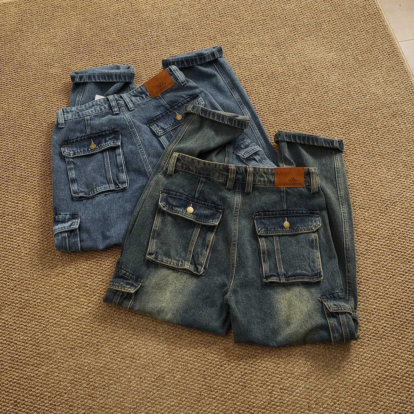 Men's Jeans Retro workwear denim trousers with multi-pocket design loose straight-leg distressed washed jeans for men X260919