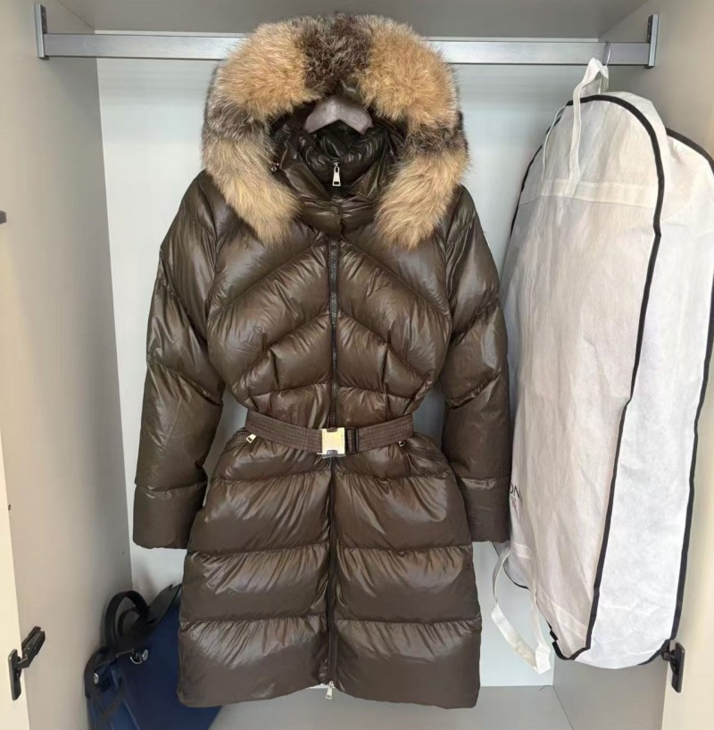 Womens Jacket Fox fur collar Women's Long Belted Puffer Coat Large raccoon hair collar Hood Shiny Quilted Winter Down Jacket Slim Fit Mid-Lengt