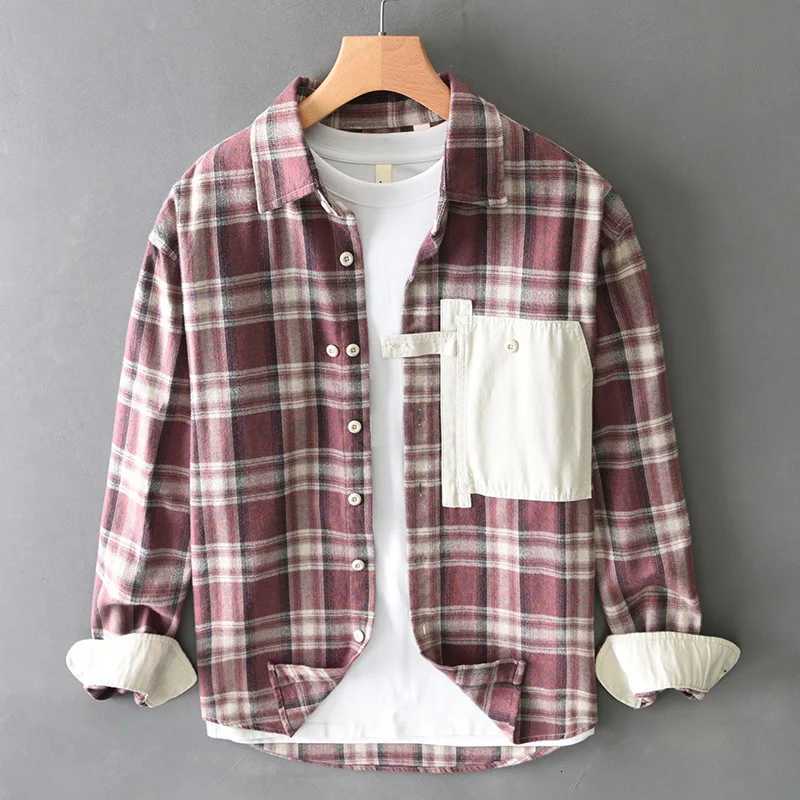 Men's Casual Shirts 100% cotton spring and autumn new patchwork casual wool plaid shirt coat men's long sleeve trend matching color shirt
