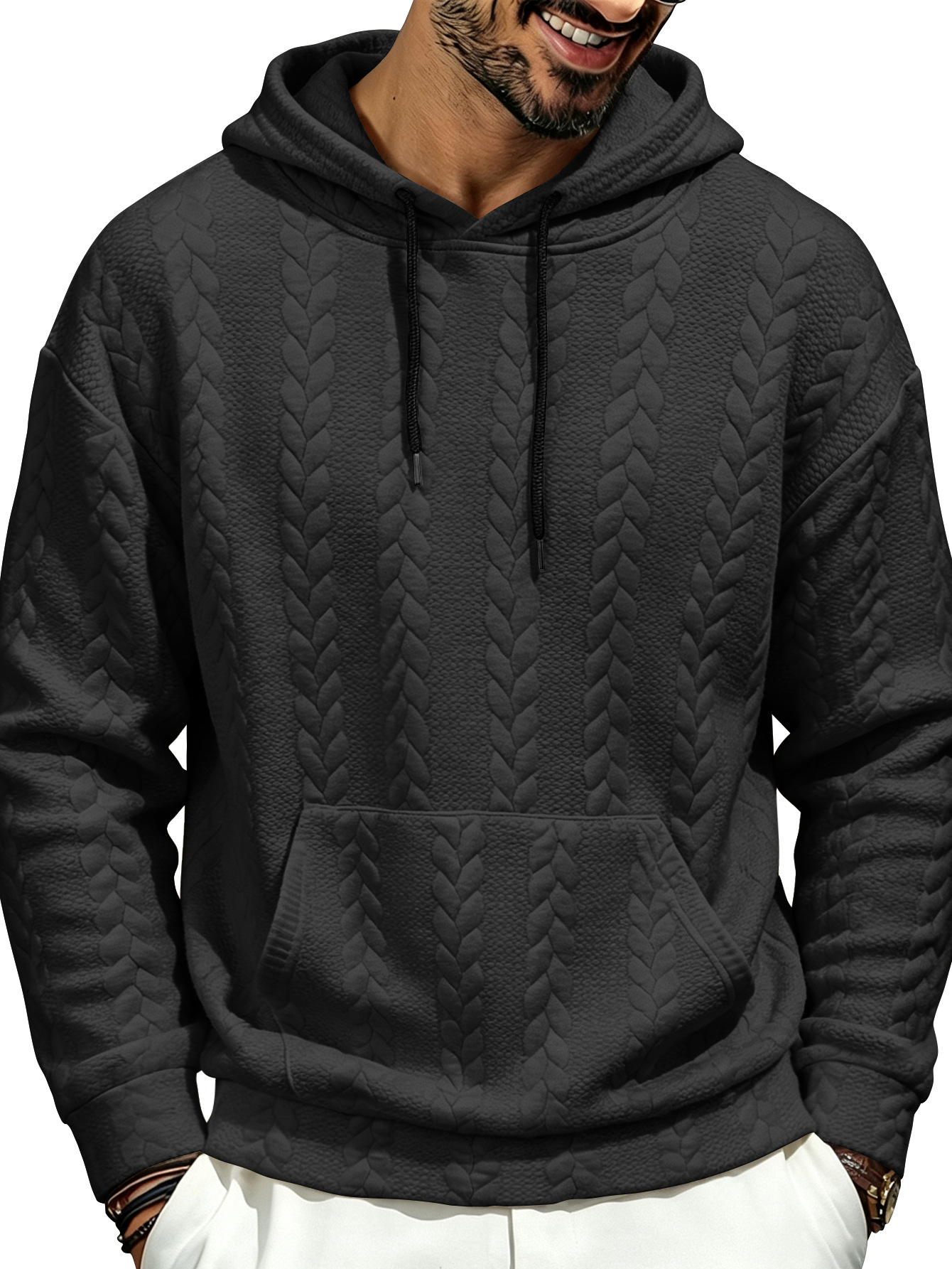 Men's Jacquard Hoodie Autumn Solid Color Drawstring Long Sleeve Sweatshirt Casual Loose Pullover Hooded Top