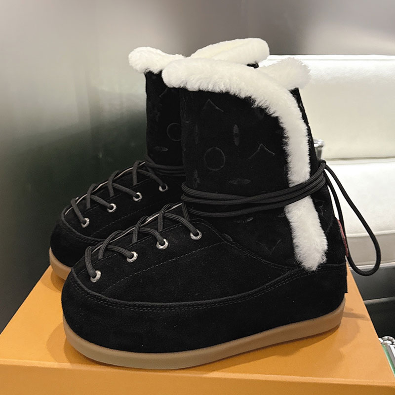 Womens Luxury Denim Thick Soled Snow Boots Designer Warm Lace Up Midsole Boot Ladie Letter Printed Round Toe Suede Ankle boots Bear Paw Sole Sizes 3