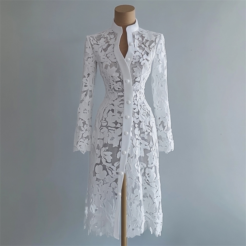 Lace Hollow Out Spliced Solid Dresses For Women Stand Collar Long Sleeve High Waist Single-breasted Elegant Coat Midi Dress 260918
