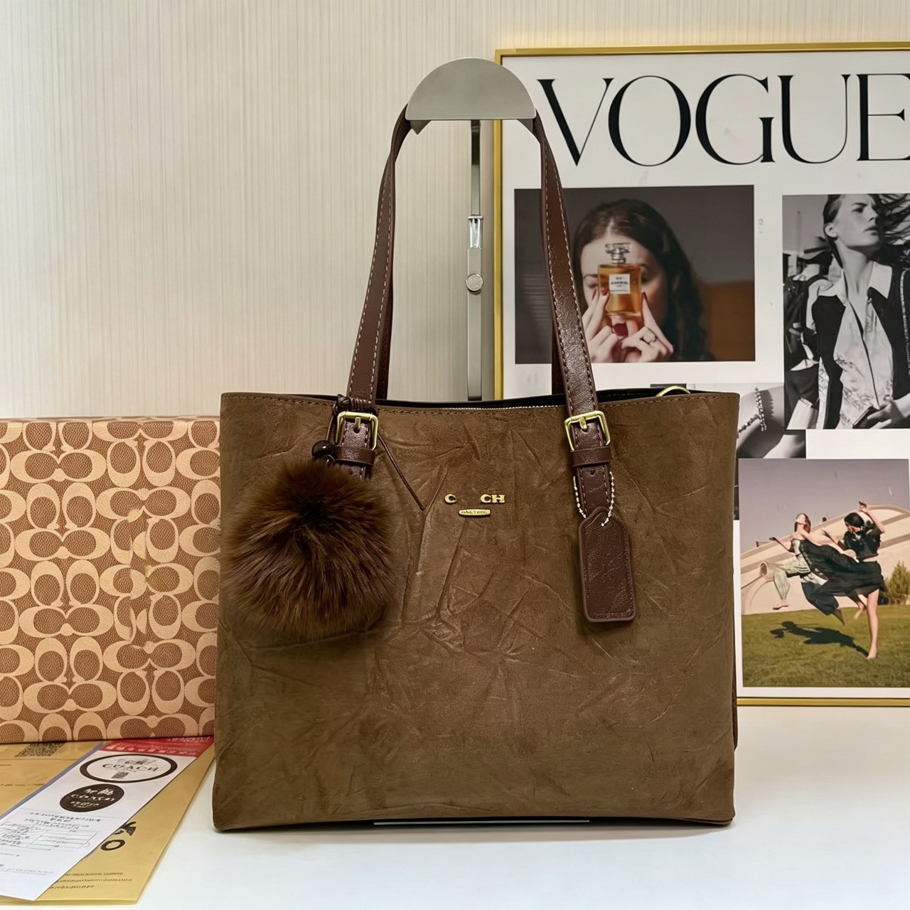 Brown Vintage Suede Tote Bag Leather Trim Gold Hardware Designer Shoulder Shopper with Pom Pom Charm Women Casual Work Fall Winter Retro Daily Handb