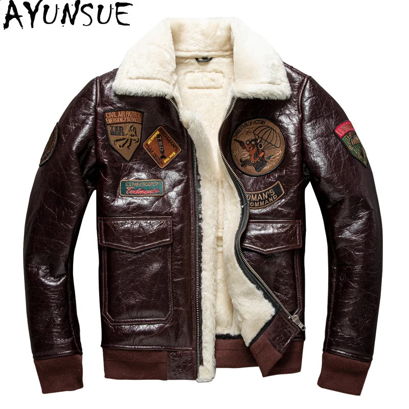 AYUNSUE Winter Leather Jacket Men Clothing Thickened Bomber Jacket Natural Sheepskin Fur Mens Clothing Wool Liner 260920