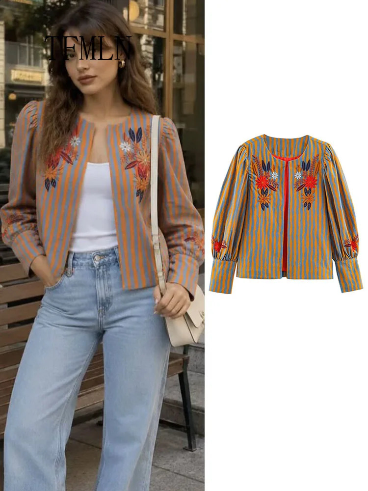 TFMLN 2026 Women Embroidery Jacket Retro TFMLN 2026 Round Collar Elegant Long Sleeve High Street Coat Striped Casual Fashion 260920