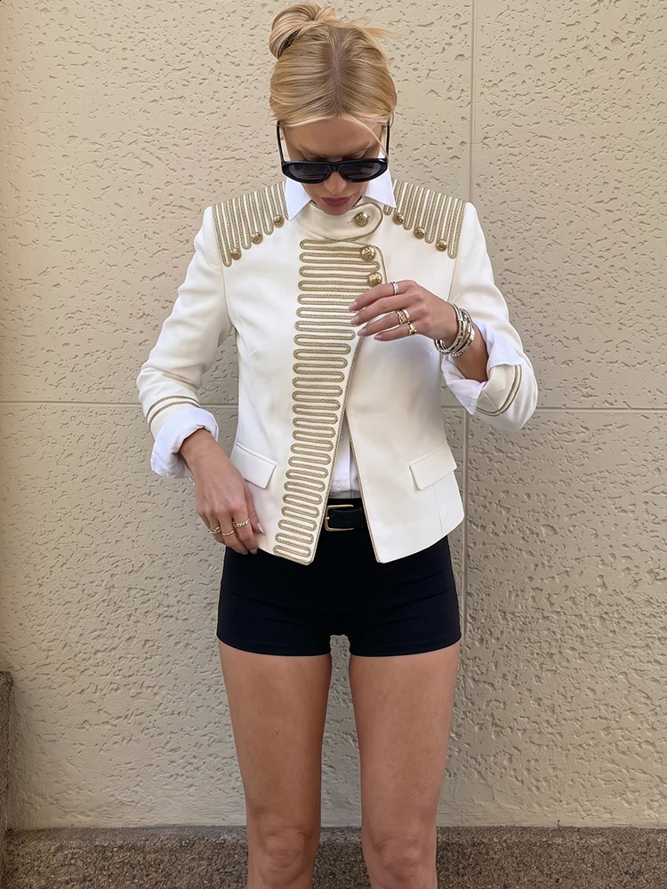 HH Spring Elegant Women's Gold Braided Cropped Military Jacket Autumn Stand Collar Long Sleeve Short Napoleon Coat Female Street 260918