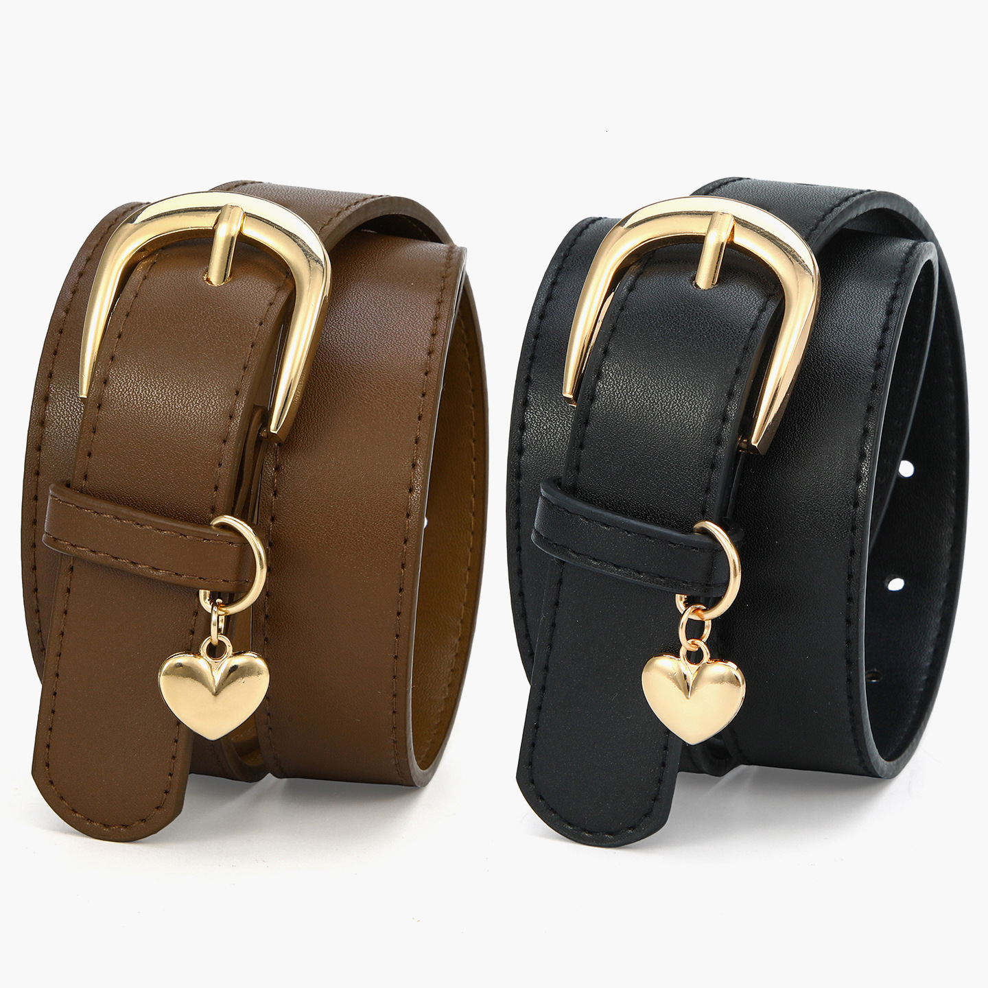 Designer Style Womens Luxury Faux Leather Belt Gold Pin Buckle Heart Pendant Waist Belt Adjustable For Dresses Jeans Casual Waistband Accessory Gift