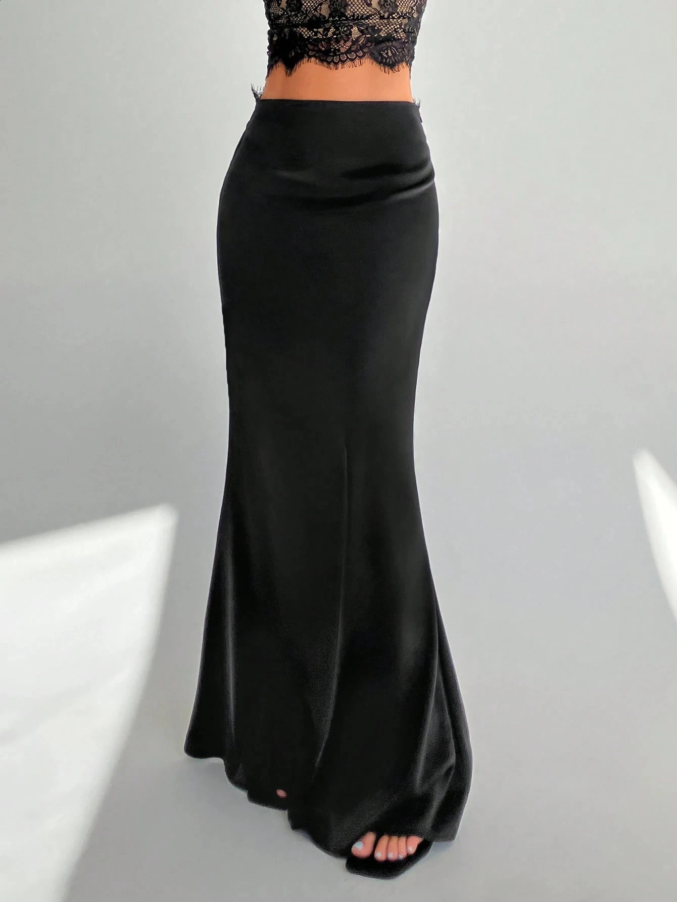 Women Black Satin Mermaid Maxi Skirt High Waist Bodycon Long Elegant Evening Party Formal Dressy Skirts 260920