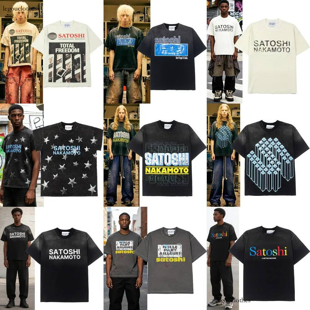 Designer T Shirt Satoshi Nakamoto Pattern Letter Street Hip Hop Printed Washed Vintage Unisex Cotton Short Sleeved T Shirts Fashion Streetwear