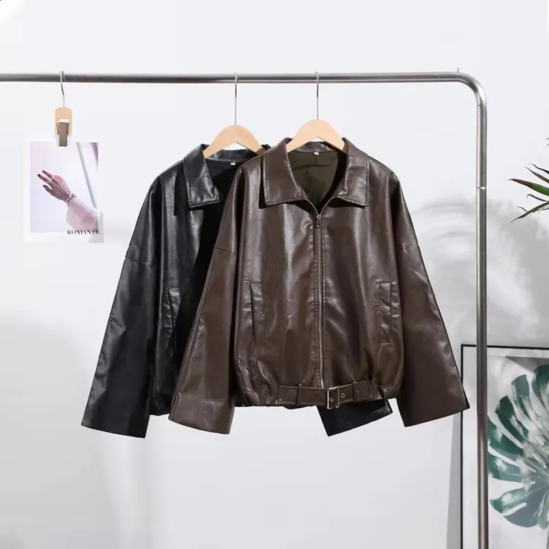 Vintage PU Leather Jacket 2026 Autumn Ladies Zipper Lapel Long Sleeve Pocket Coat With Belt Womens Loose Streetwear 260920
