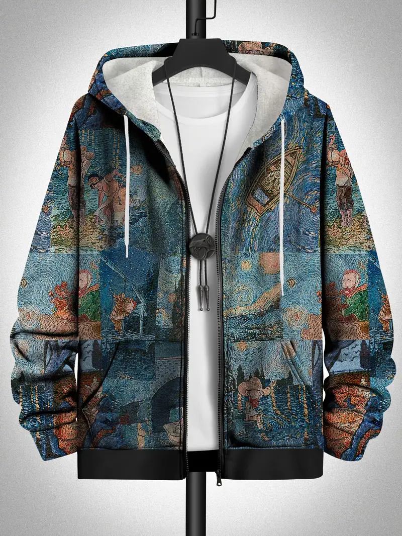 Retro Plaid Print Patchwork Zip Hoodie Men's Clothing Hot Style Long Sleeve Pullover Trend Streetwear Men Zip Up Hoodies 2415