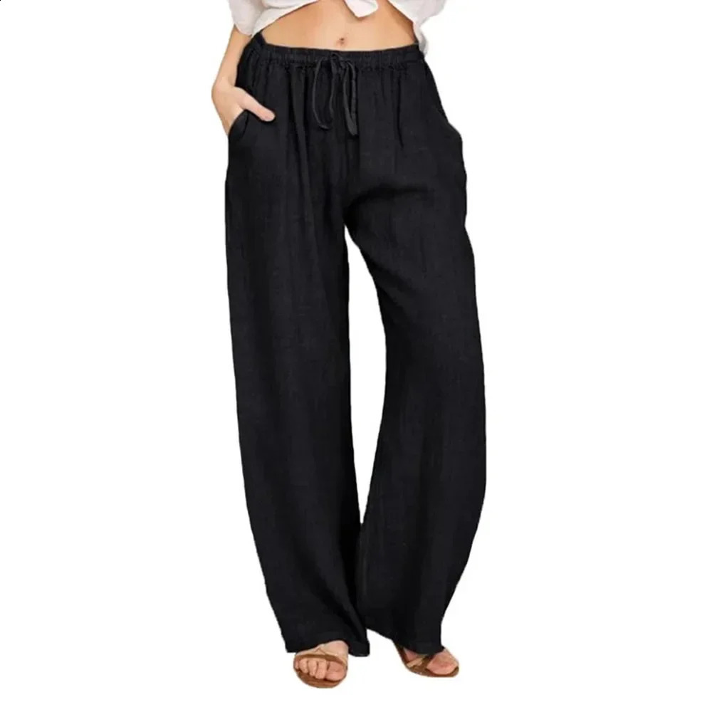 Summer Autumn Women Fashion Cotton Linen Pants Elastic Waist Loose Straight Female Casual Solid Color Versatile Trousers 260920