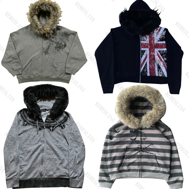 Fur collar cardigan zipper hooded jacket autumn and winter punk hip-hop rock dark style rock fashion all-match Y2K retro jacket 260918