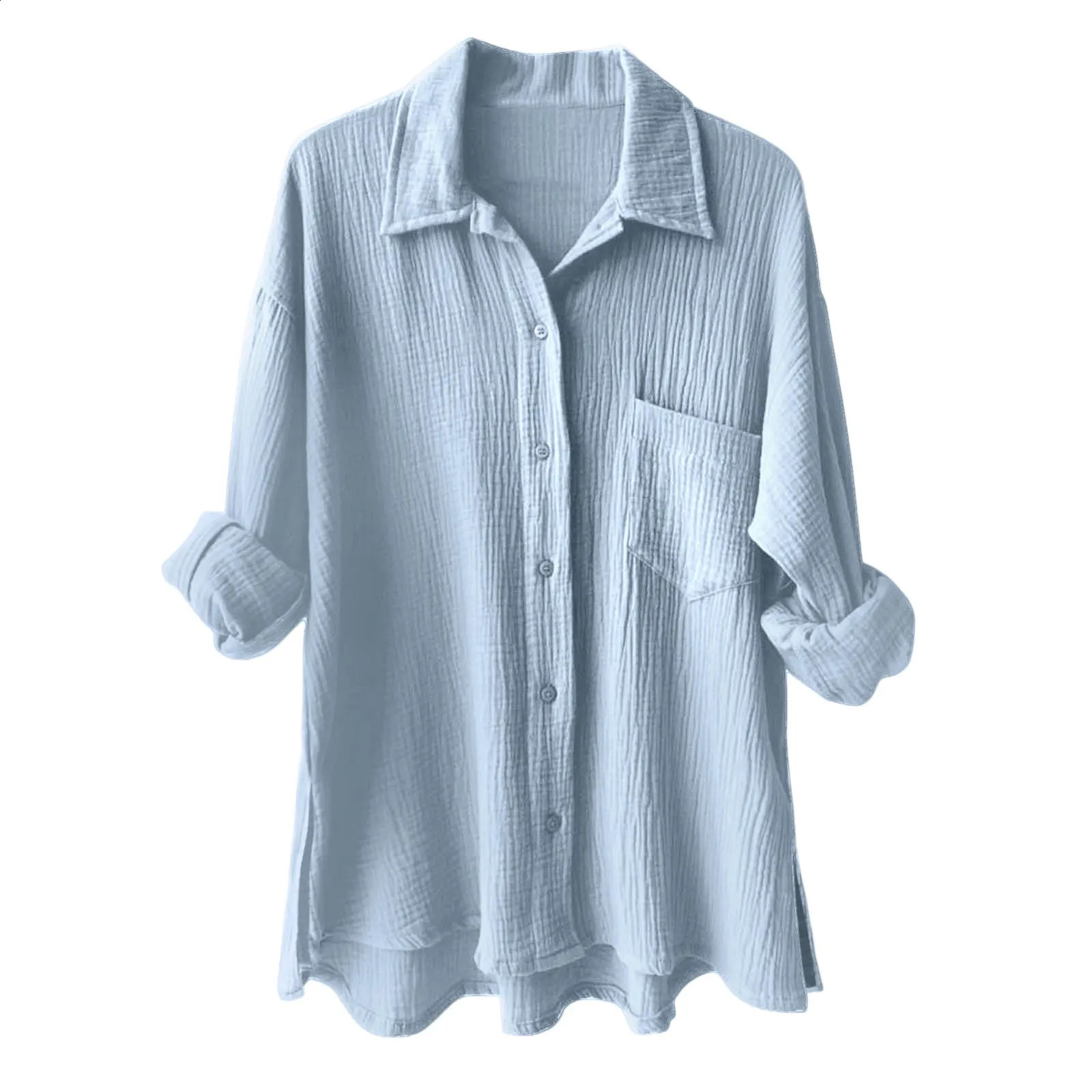 Summer Blouse Women Fashion Muslin Shirt Cotton Linen Tops Spring Solid Color Long Sleeve Button Down Pocket Shirts 260920