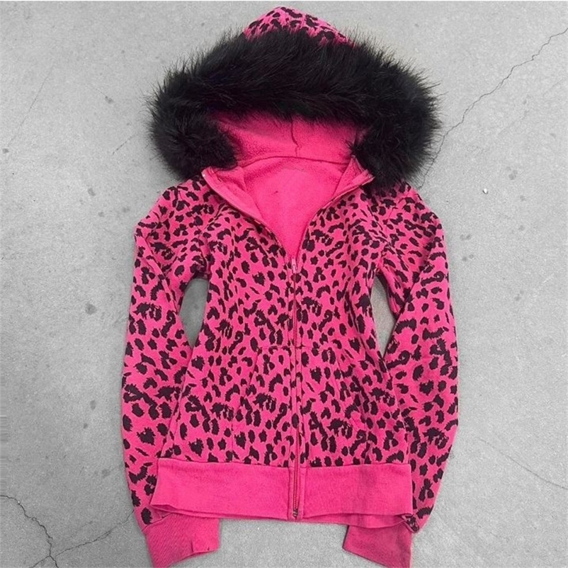 Pink leopard print hooded zipper long-sleeve sweatshirt for spring and autumn comfortable slim fit fashionable street wear 2000s 260918