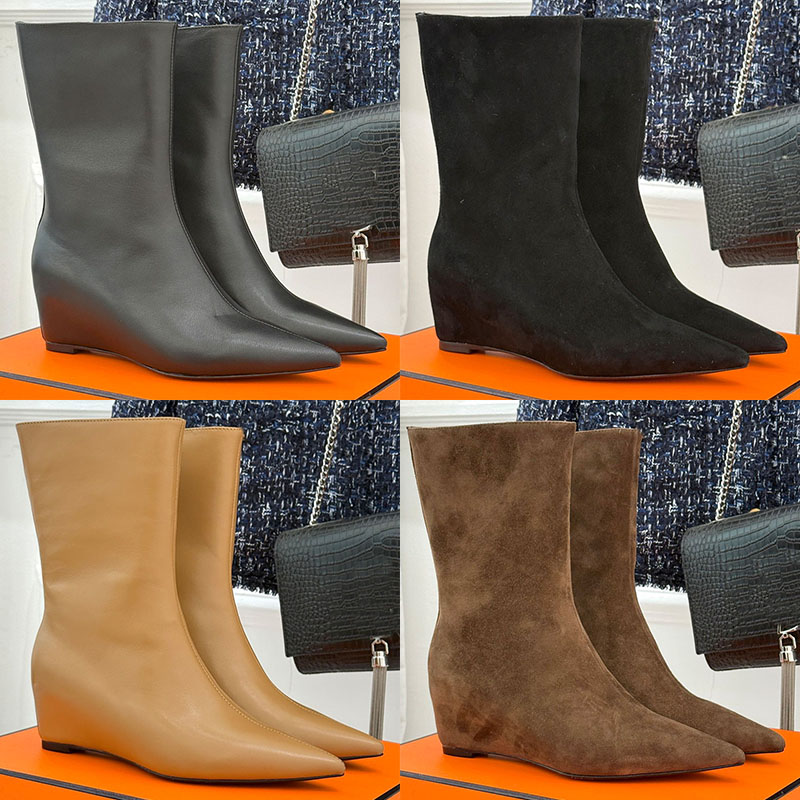 Slope Heel Ankle Boots Designer Women Height Increasing Slanted Heel Short Boots Equestrian World Solid Color Versatile Boots Commuting Sexy Boots T