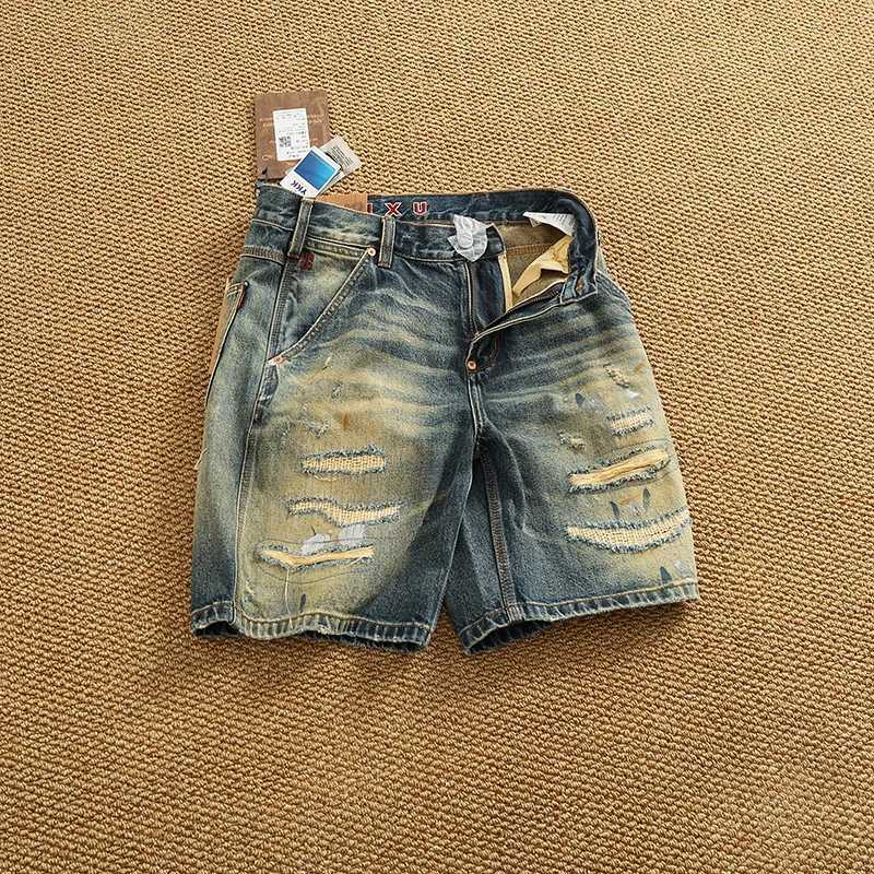 Men's Jeans Summer street trend ripped patch denim shorts men color splashy texture fashion brand medium pants five quarter pants X260919