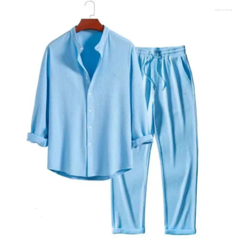 Men Casual Solid Stripe Two Piece Set Long Shorts Shirts And Suits Spring Autumn Streetwear Ouifits For Male Clothing