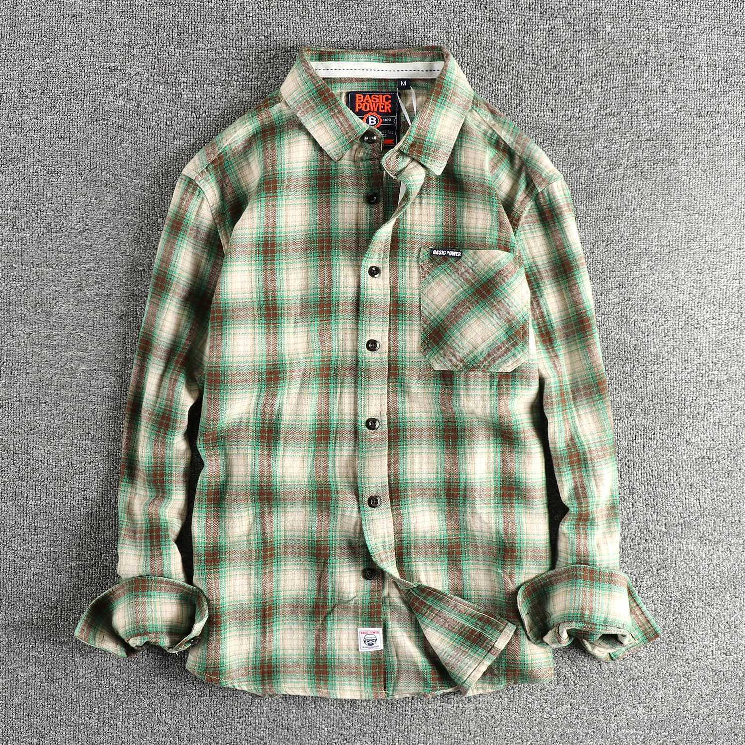 Men's Casual Shirts May Khaki vintage cotton washed woven men's plaid shirt autumn and winter American fashion casual shirt long sleeves X