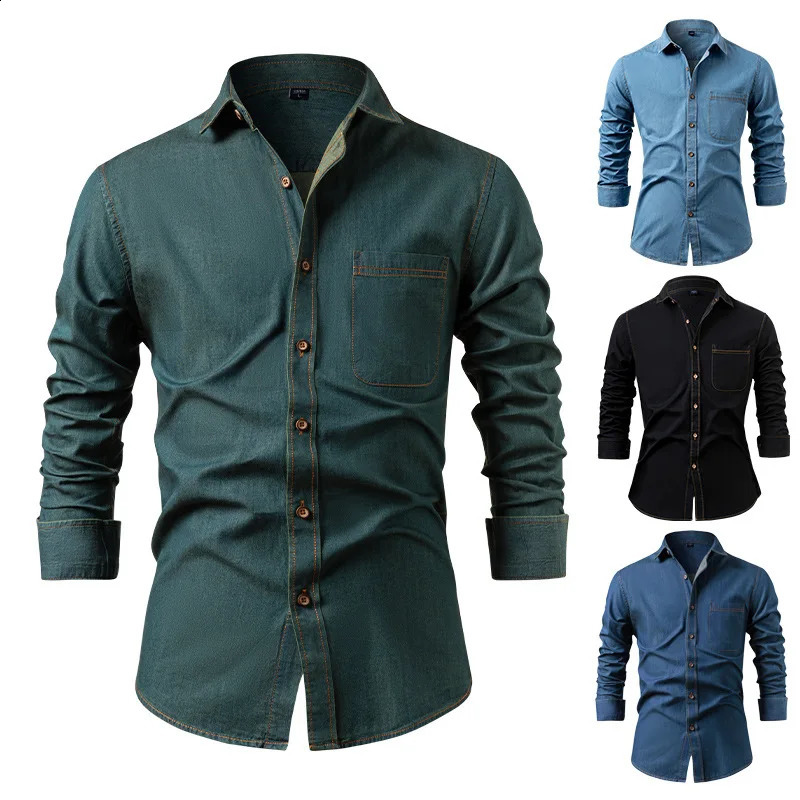2026 Mens Spring and Autumn Denim Shirt Long Sleeve Solid Color Wrinkle Free Casual Jacket American Style Versatile Button Down 260920