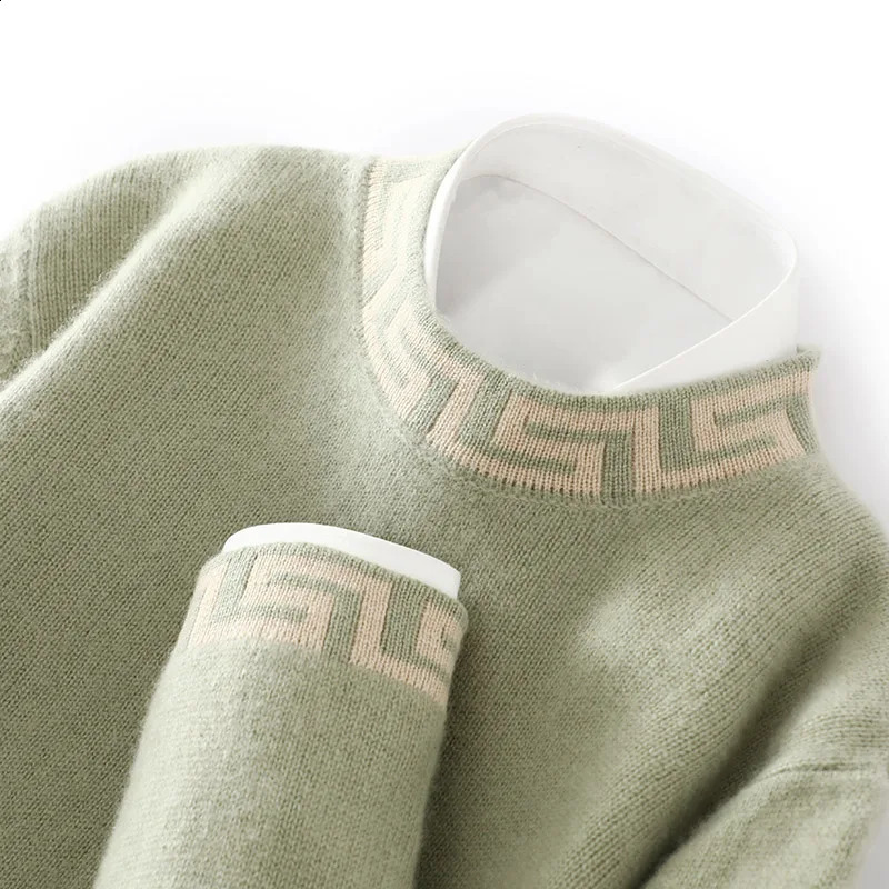 ATTYYWS 100% Pure Wool Mens Semi High Neck Solid Color Knitted Casual Business Long Sleeved Pullover Sweater Product 260920