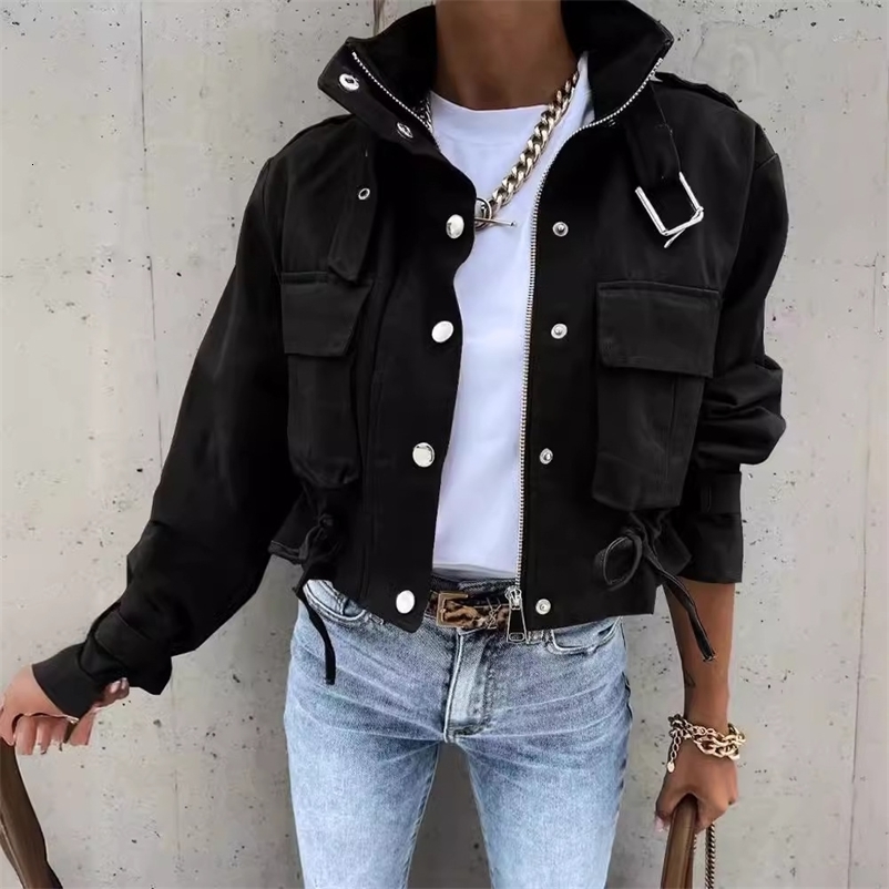 Women Short Jackets Autumn Winter Female Turn Down Collar Long Lantern Sleeve Cropped Biker Cycle Coat Outwear SZE-5353 260918