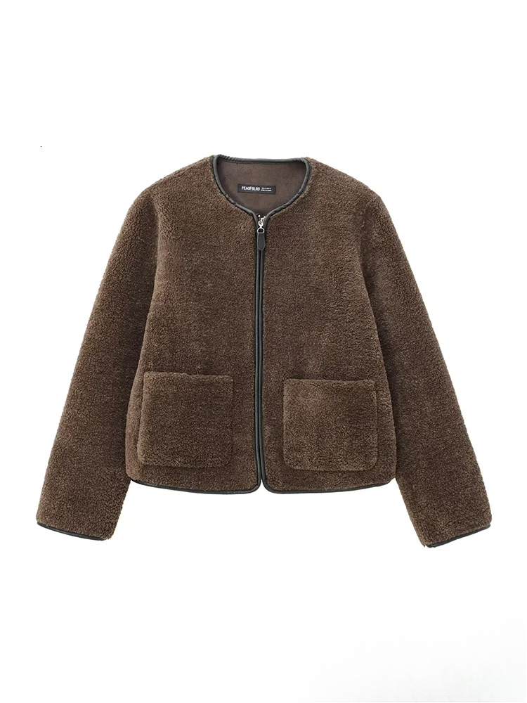 KONDALA Vintage Casual Women Jackets Solid O-Neck Fleece Patchwork Long Sleeve Warm Coat New Fashion 2024 Autumn Winter Outwear