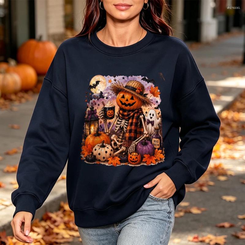 Scheletro di zucca Halloween grafica spettrale fantasma autunno stampa felpa da donna casual autunno pullover per regalo di festa