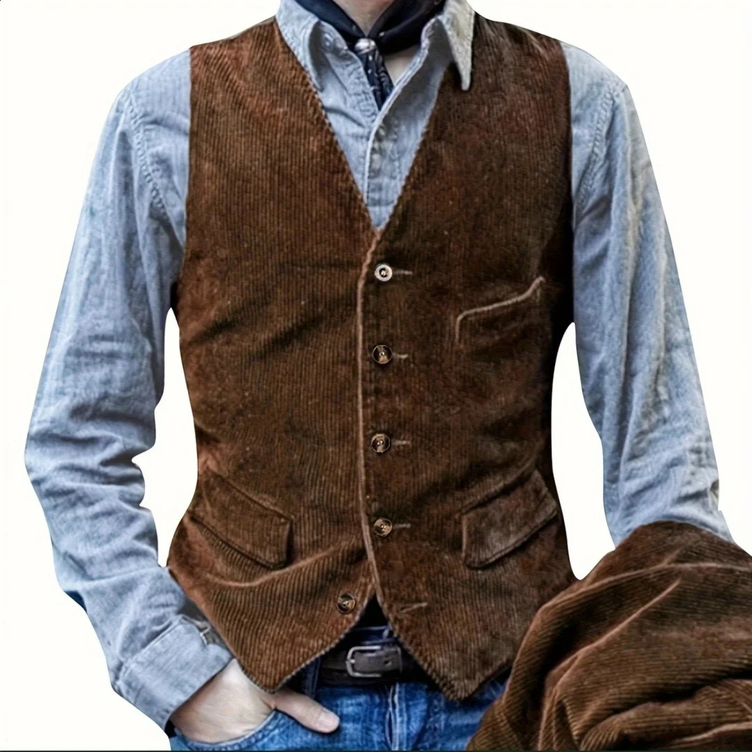 Mens Casual Retro Striped Solid Color Jacket Vest Elegant and Fashionable VNeck Corduroy Sports Jacket for Spring and Autumn 260920