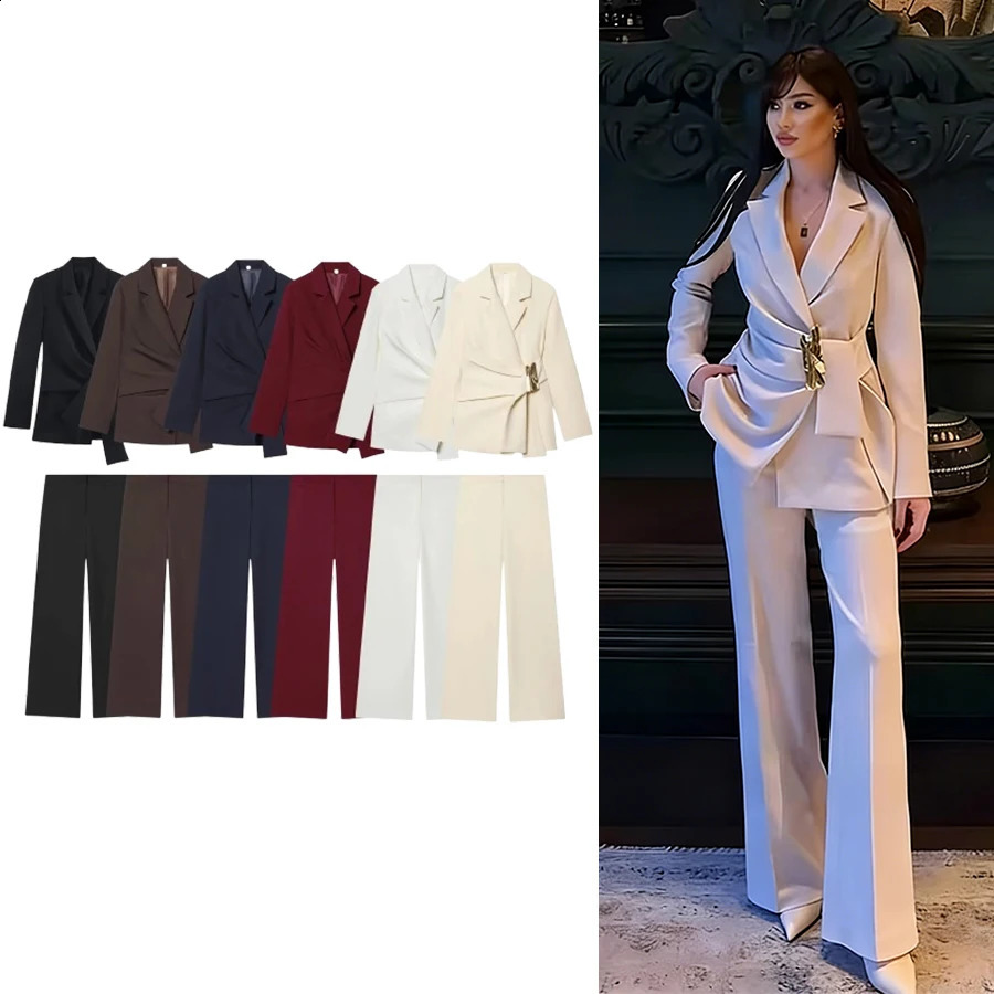 Women Suit Pants Two-Piece Set Buckle Decoration Long Sleeve Blazer Coat Straight-Leg Pants 2 Pieces Sets Chic Woman Outfits 260920