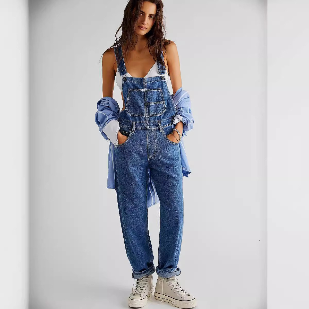 European American Women Washed Denim Bib Overalls Loose Fit Casual Jean Dungarees