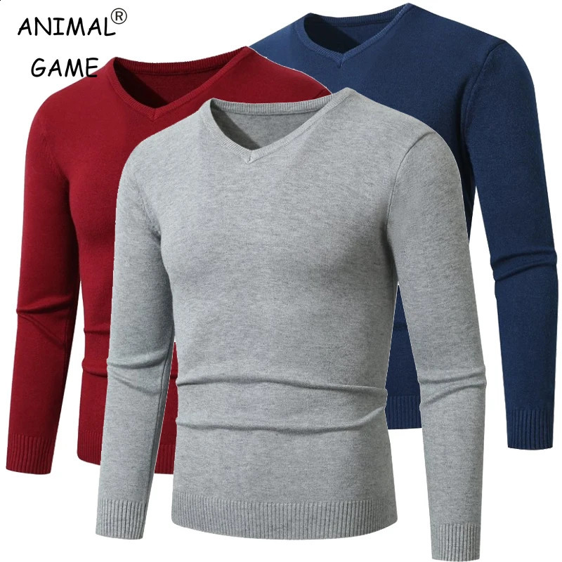 Men's Pullover V Neck Knitted Sweaters Solid Color Long Sleeve Jumper Lightweight Casual Business Pullover Slim Fit Sweater 260920