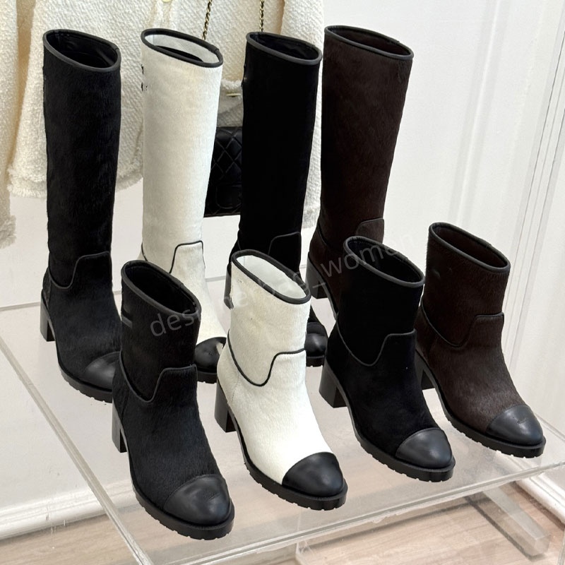 long boots Designer Women boot heel Classic Colored horsehair chunky heels boots fashion retro velvet boots round toe high knee boots Autumn top qua