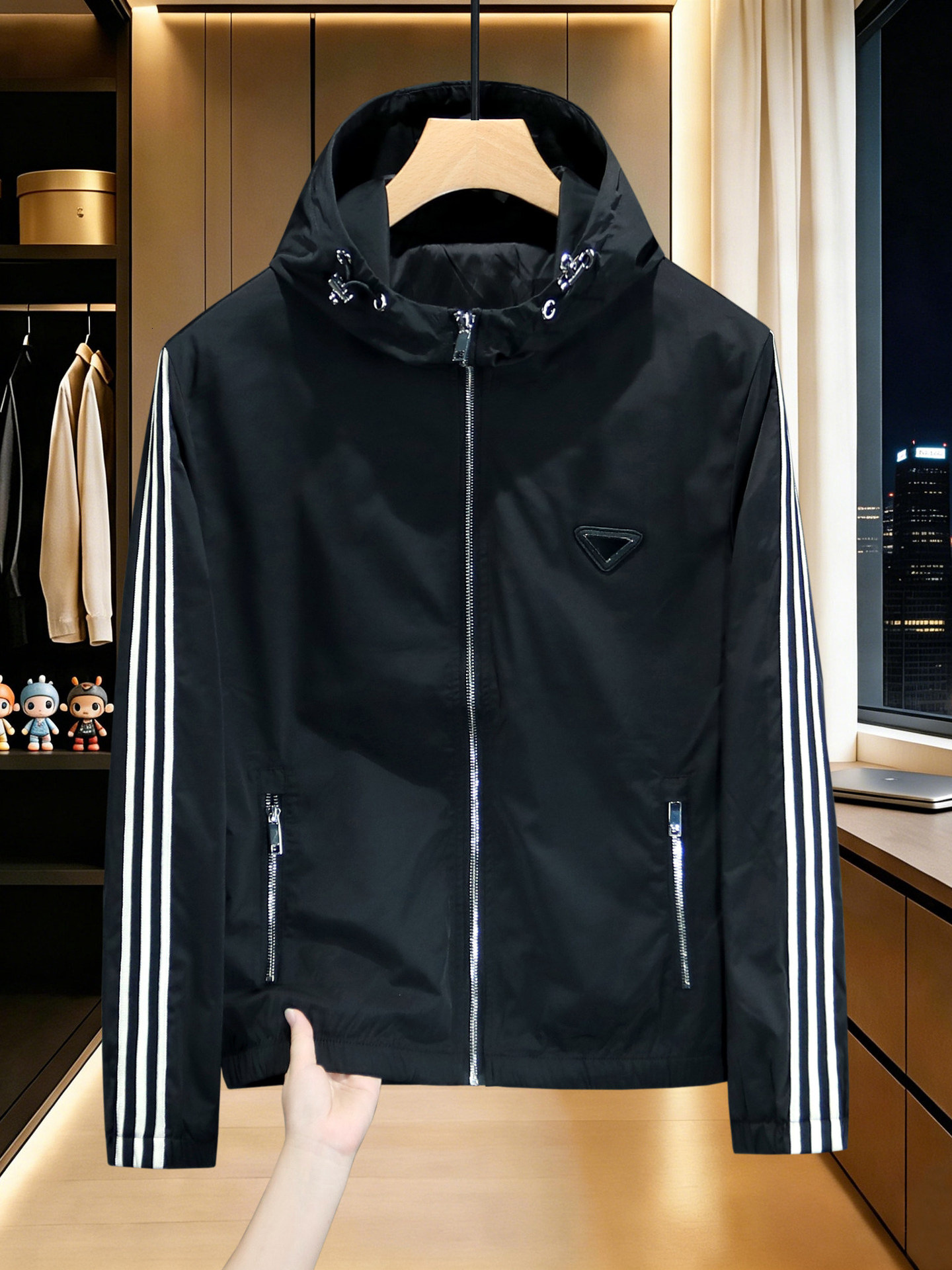 European-Style Autumn New Men's Hooded Jacket, Badge Design, High-Quality Striped Patchwork Top