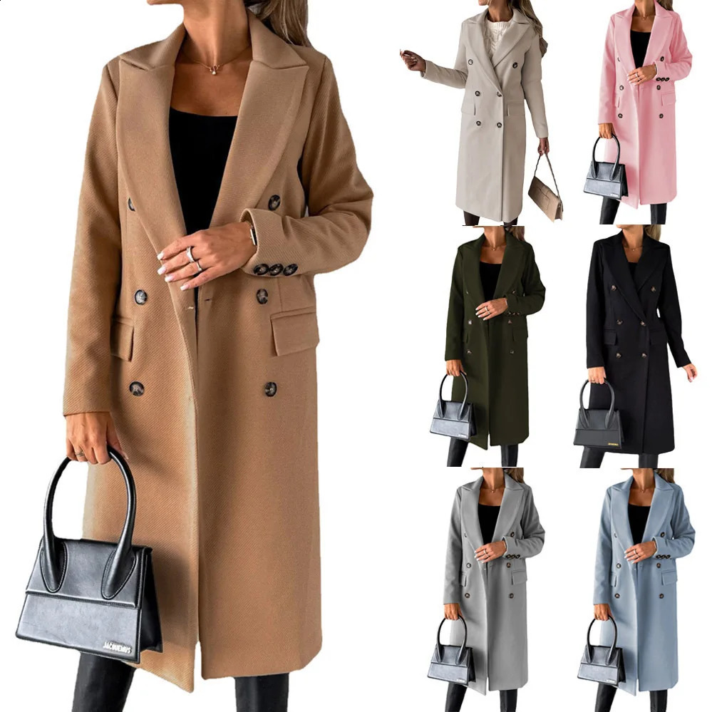 Women Wool Coats Long Jacket Double Breasted Turn Down Collar Woolen Overcoat Autumn Winter Vintage Office Lady Outerwear 260918