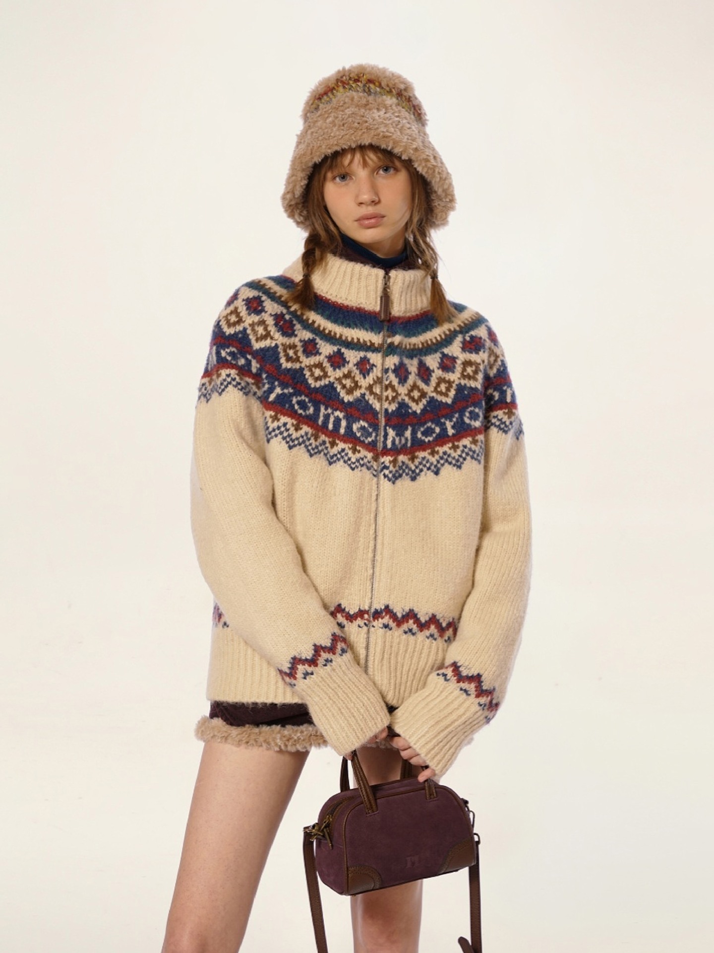 Fair Isle Vintage Sweater For Women Winter Thickened High Neck Knitted Cardigan Loose Lazy College Style Coat MAKOUFEI