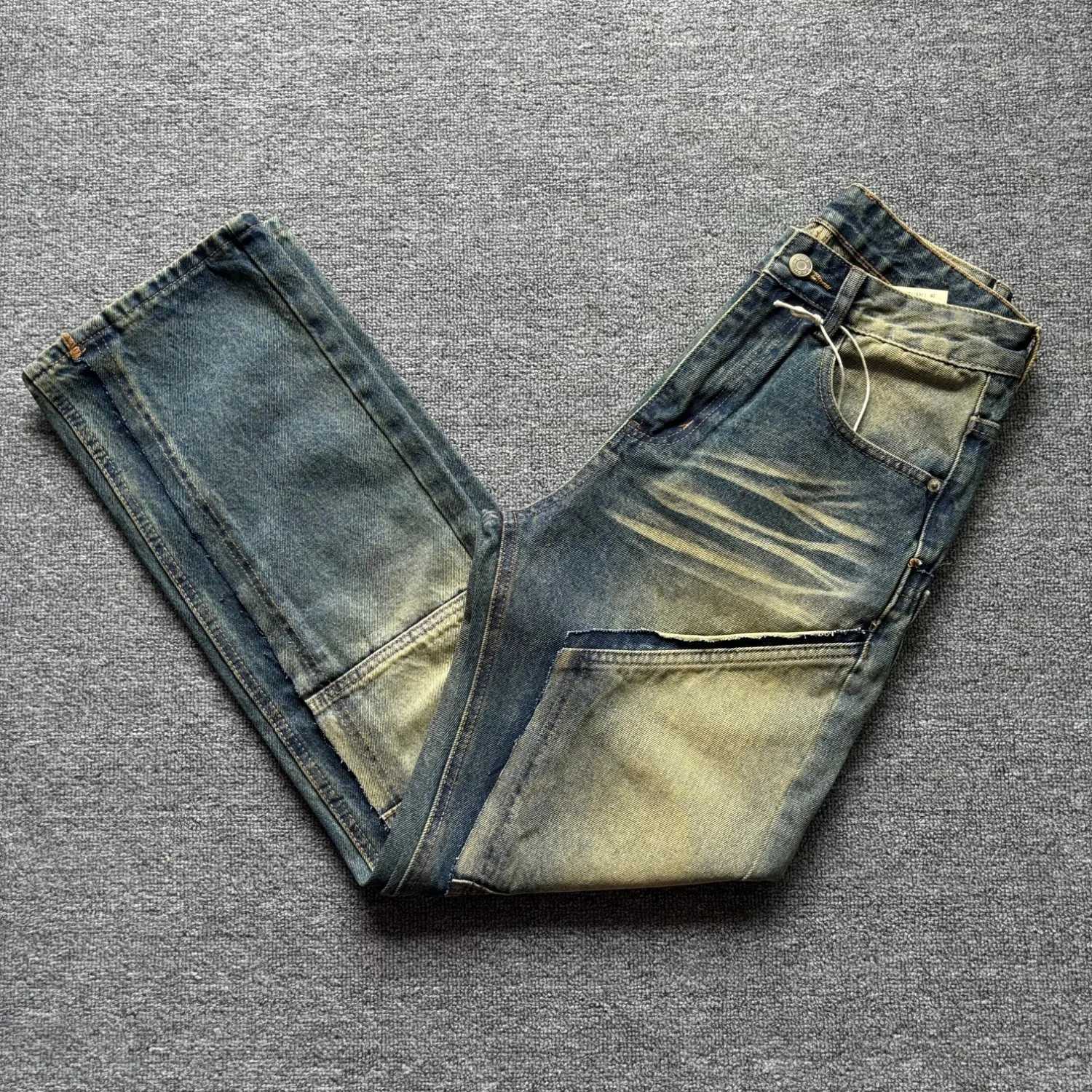 Men's Jeans American retro distressed patchwork work jeans for men washed yellow mud-dyed split stitches loose wide-leg straight trousers X2609