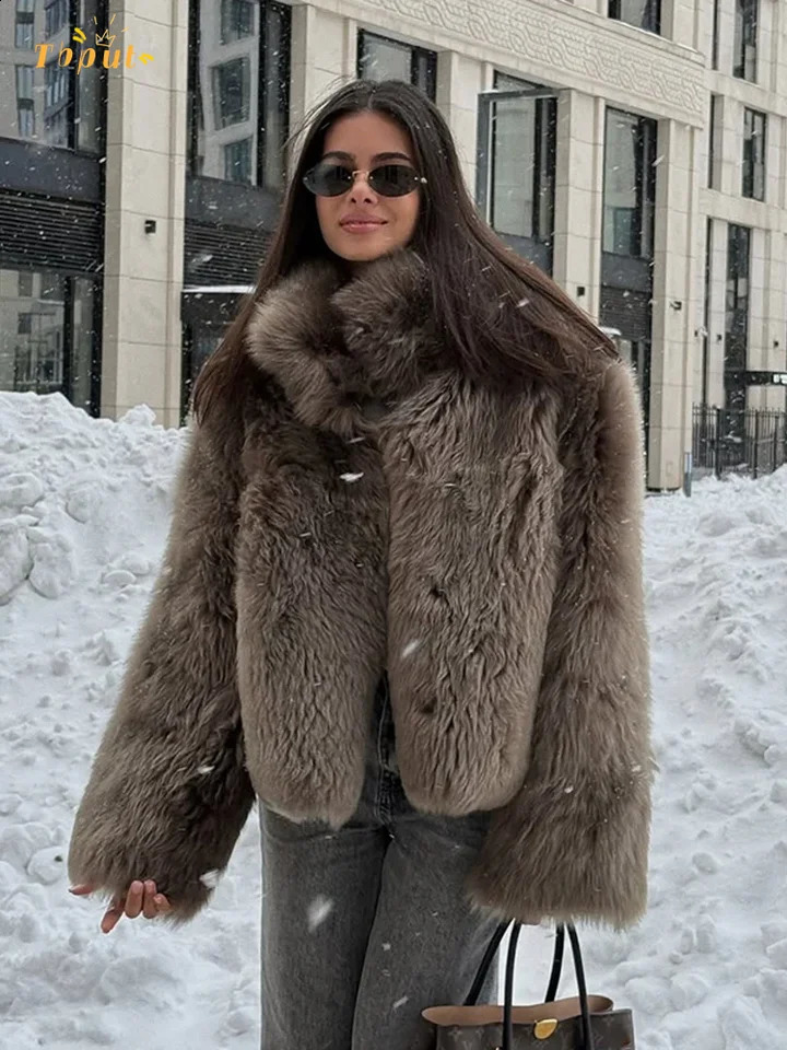 Brown Faux Fur Thicken Coat Women Lapel Long Sleeve Warm Winter Jacket Lady Chic Snap Button High Street Elegant Outerwear 260920